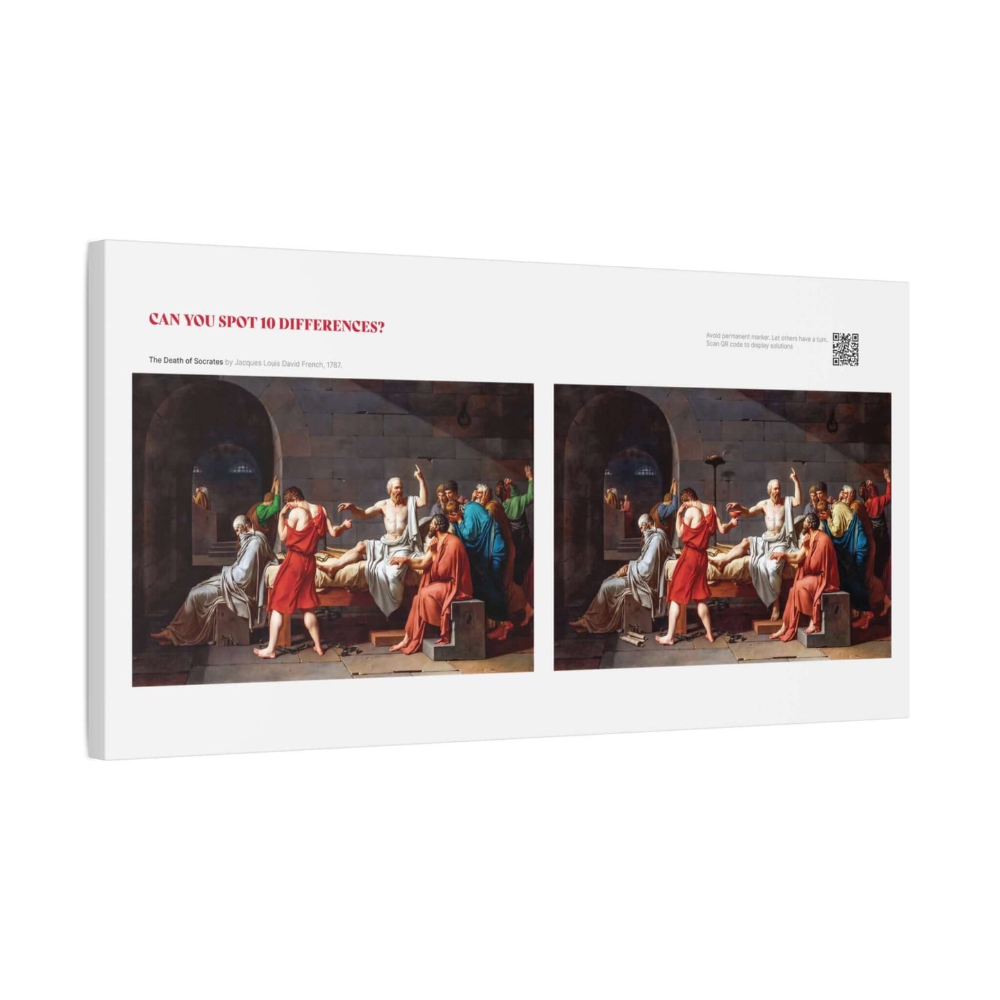 Spot the difference wall art featuring The Death of Socrates with 10 differences and a scannable QR code.