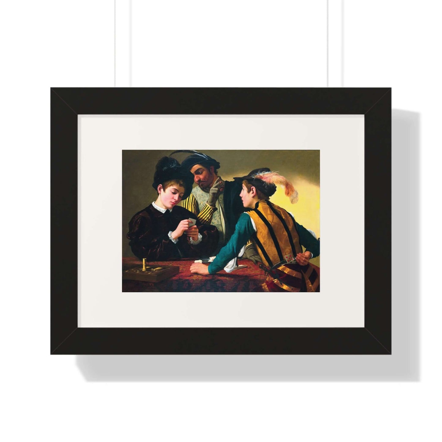 The Cardsharps by Caravaggio wall art depicting a cunning card game scene with youthful naivety and dramatic chiaroscuro lighting.