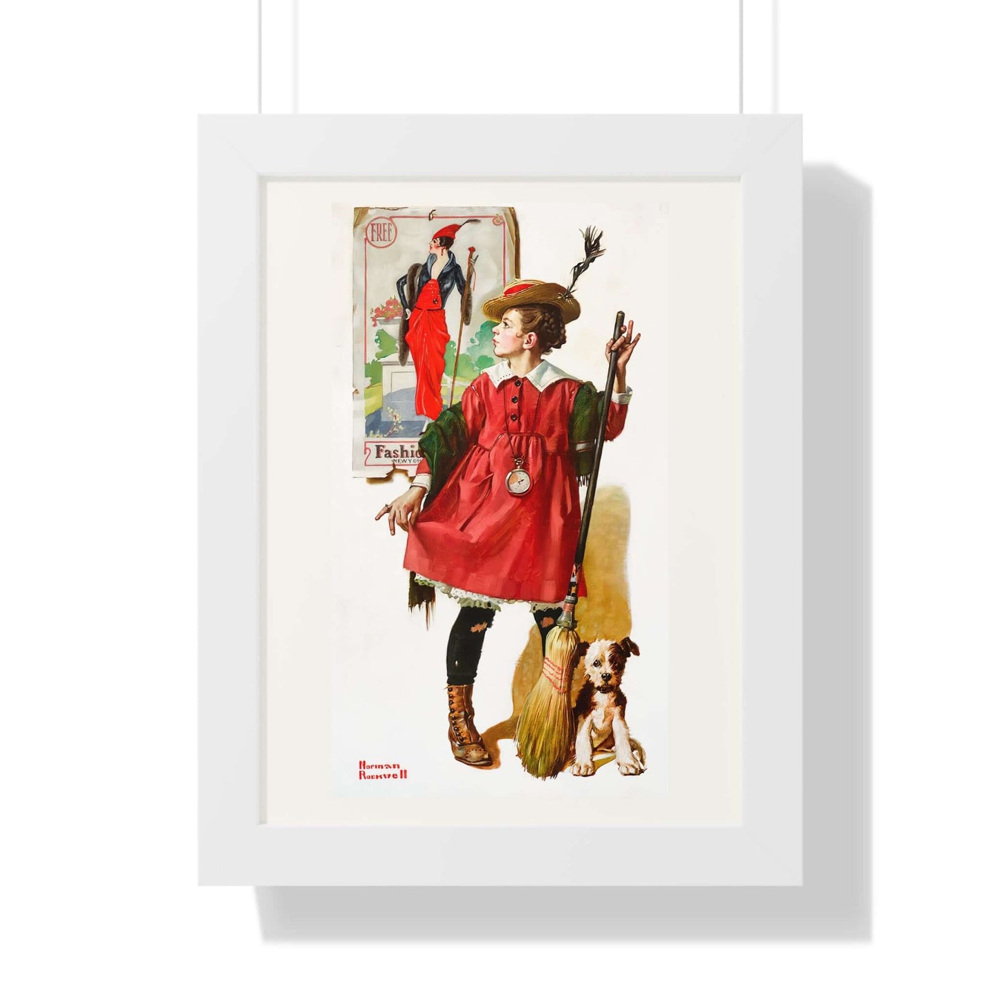 Norman Rockwell's 'The Little Model,' featuring a girl in red with a dog, celebrating childhood creativity and elegance.