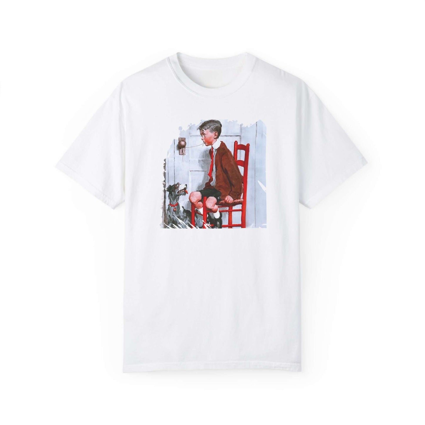 Vintage T-shirt with illustration of boy in chair, inspired by Removing a Loose Tooth magazine cover from 1925.