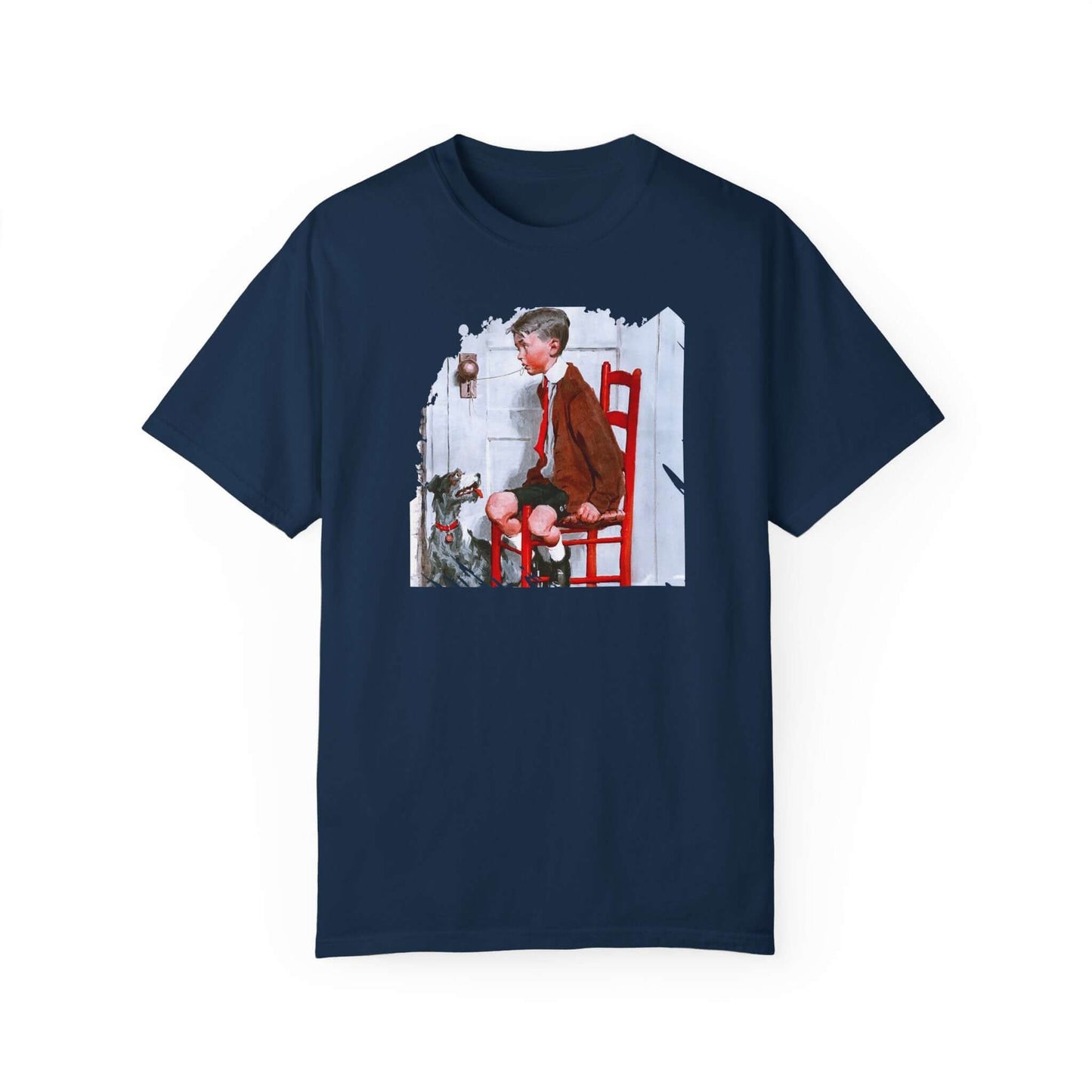 Navy T-shirt featuring a vintage illustration of a boy on a red chair with a loose tooth, inspired by 1925 Americana.