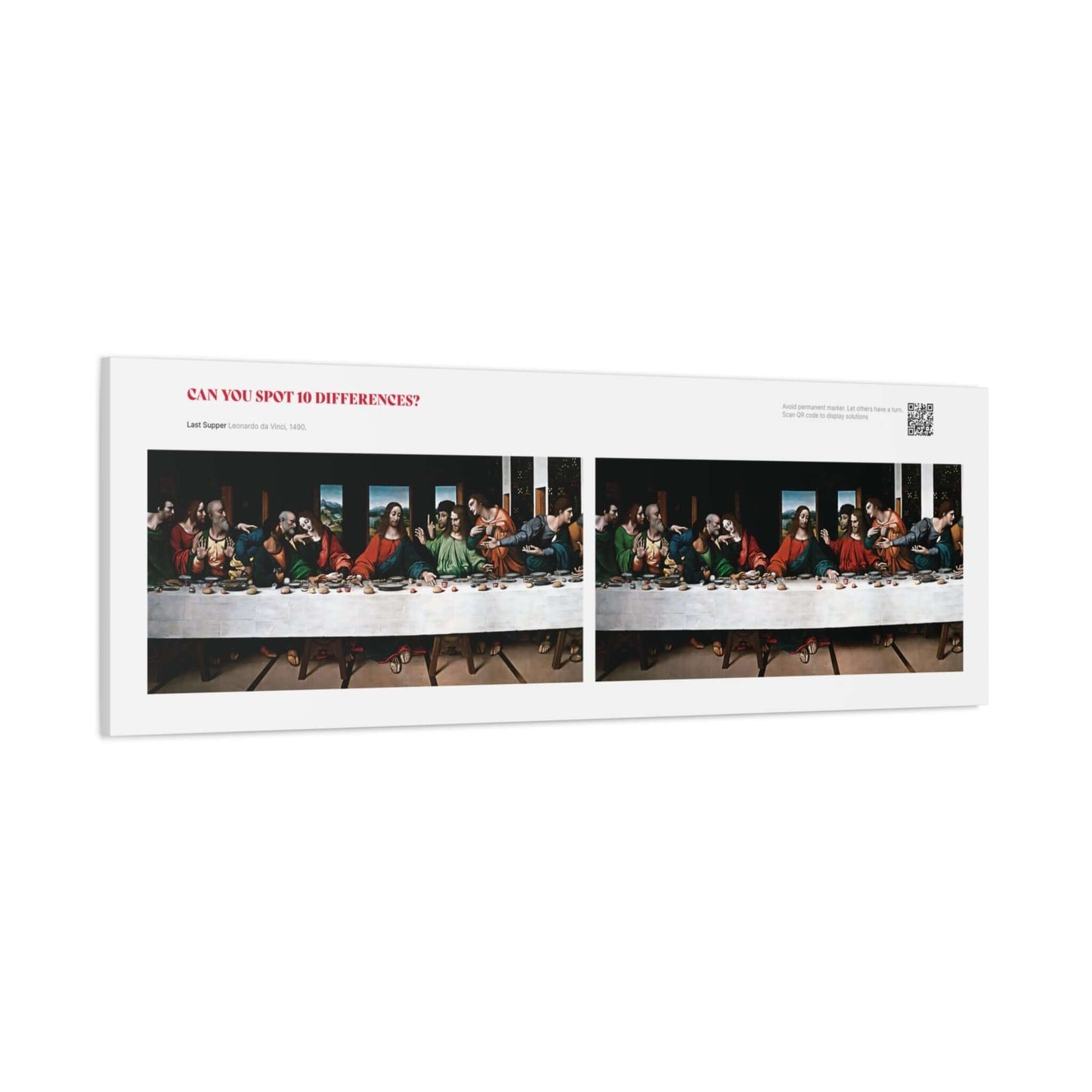 Spot the difference art featuring The Last Supper, with two images showcasing 10 subtle differences and a QR code.