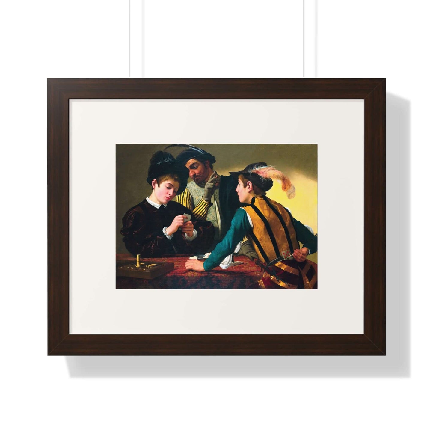 The Cardsharps by Caravaggio wall art depicting a card game of deception and naivety in Renaissance style.