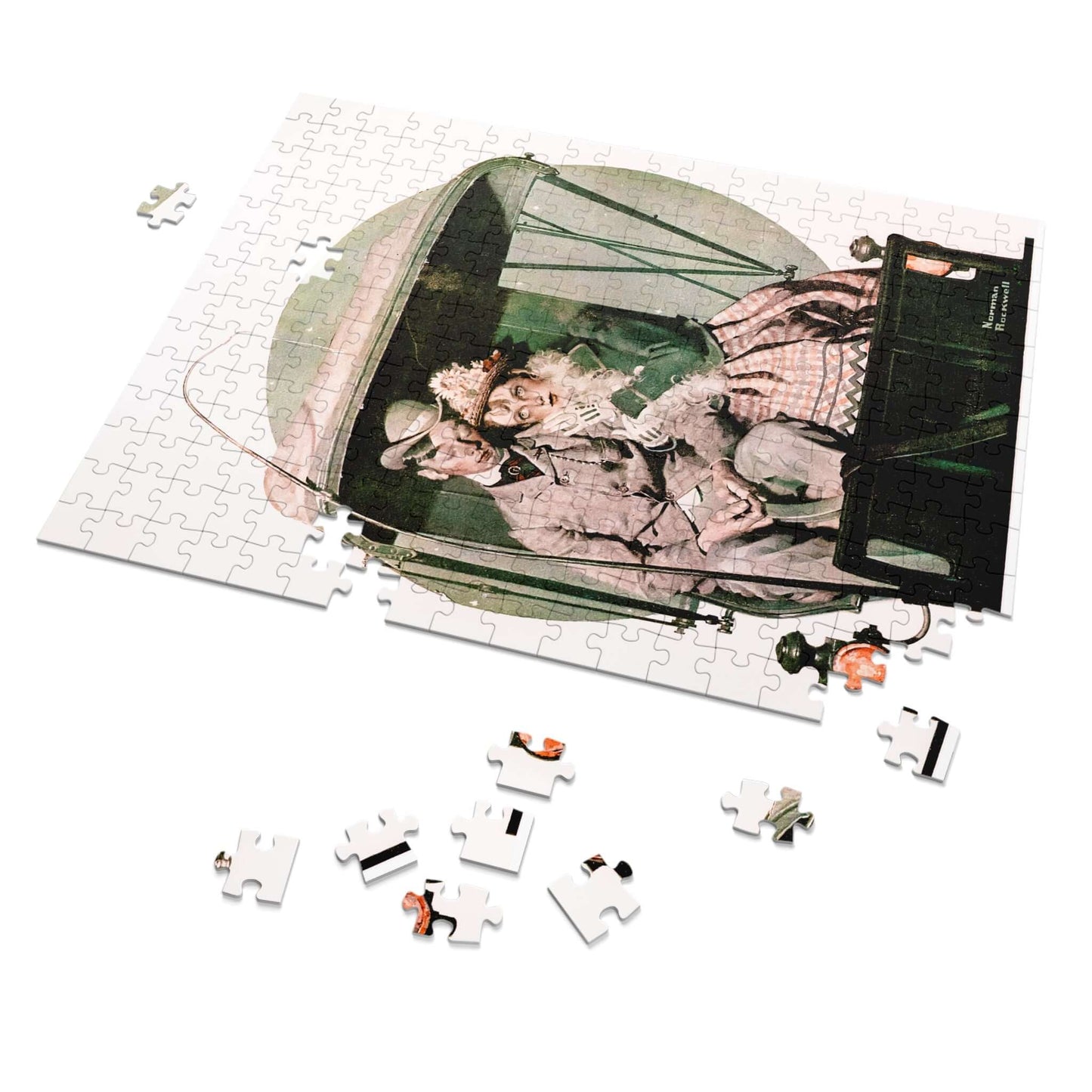 Norman Rockwell's The Buggy Ride jigsaw puzzle showcasing a couple's moonlit carriage journey.