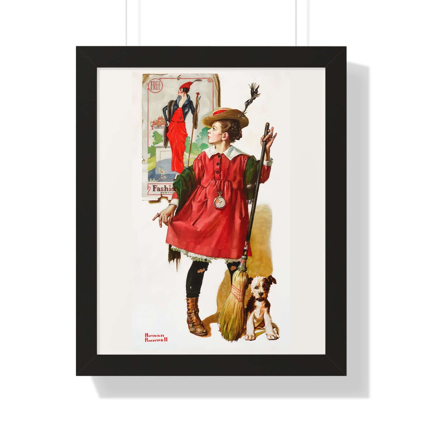 The Little Model by Norman Rockwell, featuring a girl in imaginative play with a dog, reflecting childhood creativity.