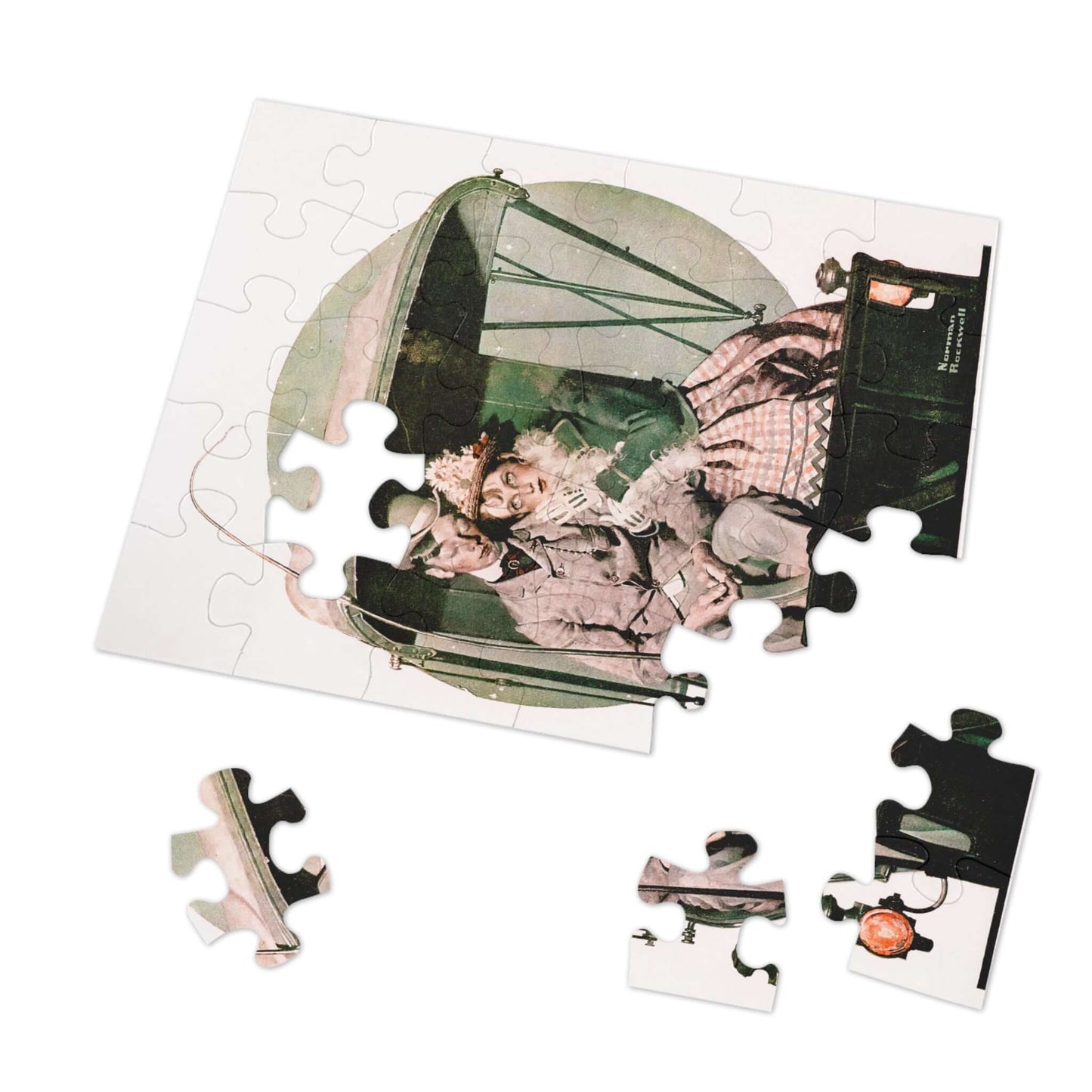Jigsaw puzzle pieces depicting a couple in The Buggy Ride by Norman Rockwell, capturing a moonlit carriage scene.