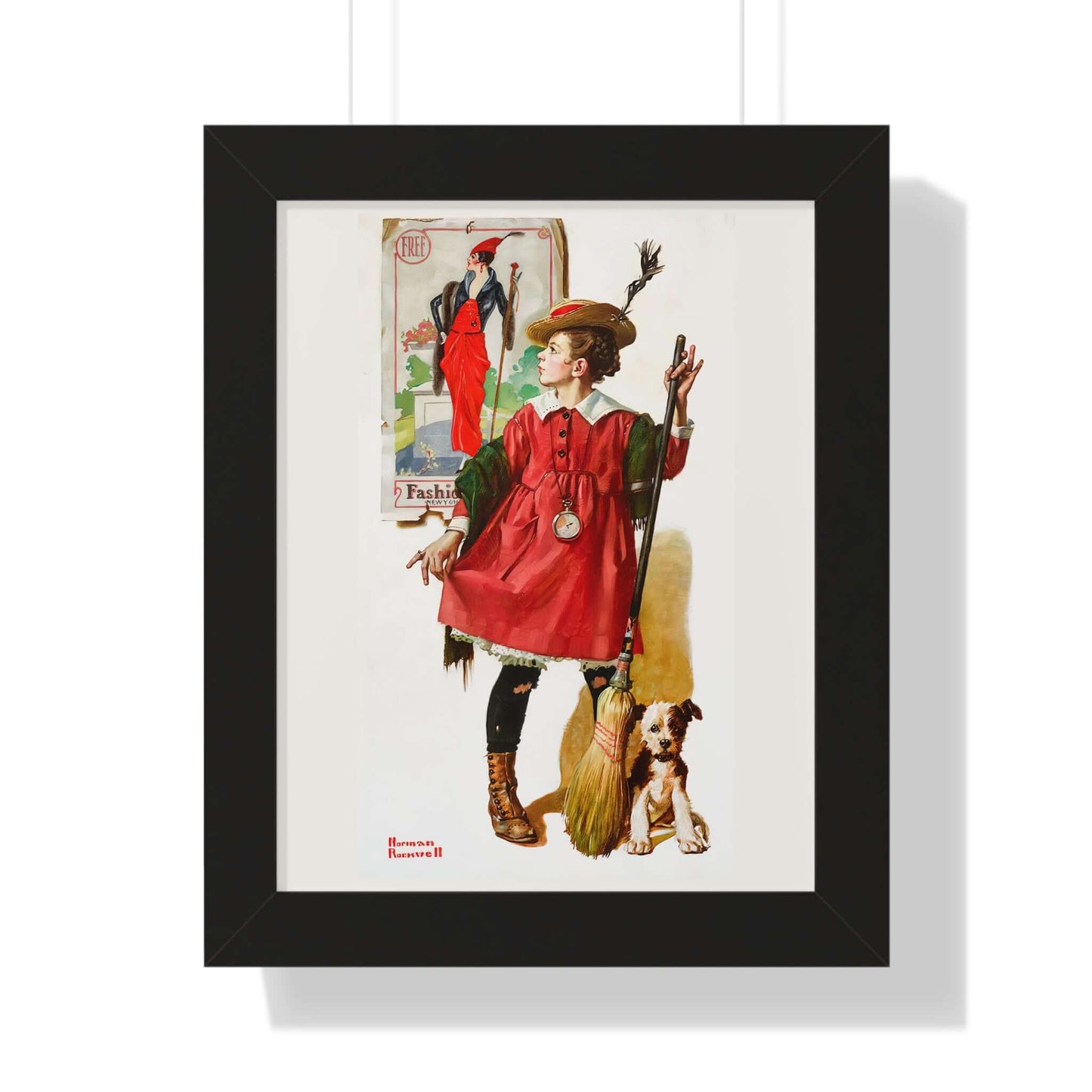 The Little Model artwork by Norman Rockwell, showcasing a girl in playful elegance with a dog, framed for wall art display.