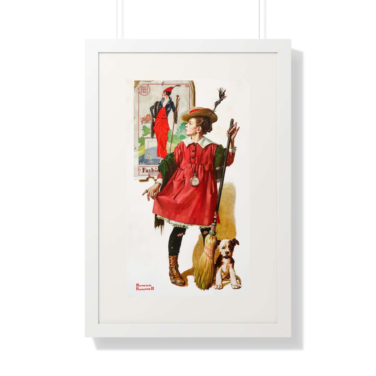 The Little Model art by Norman Rockwell features a girl in a red dress playing with a broom and a dog.