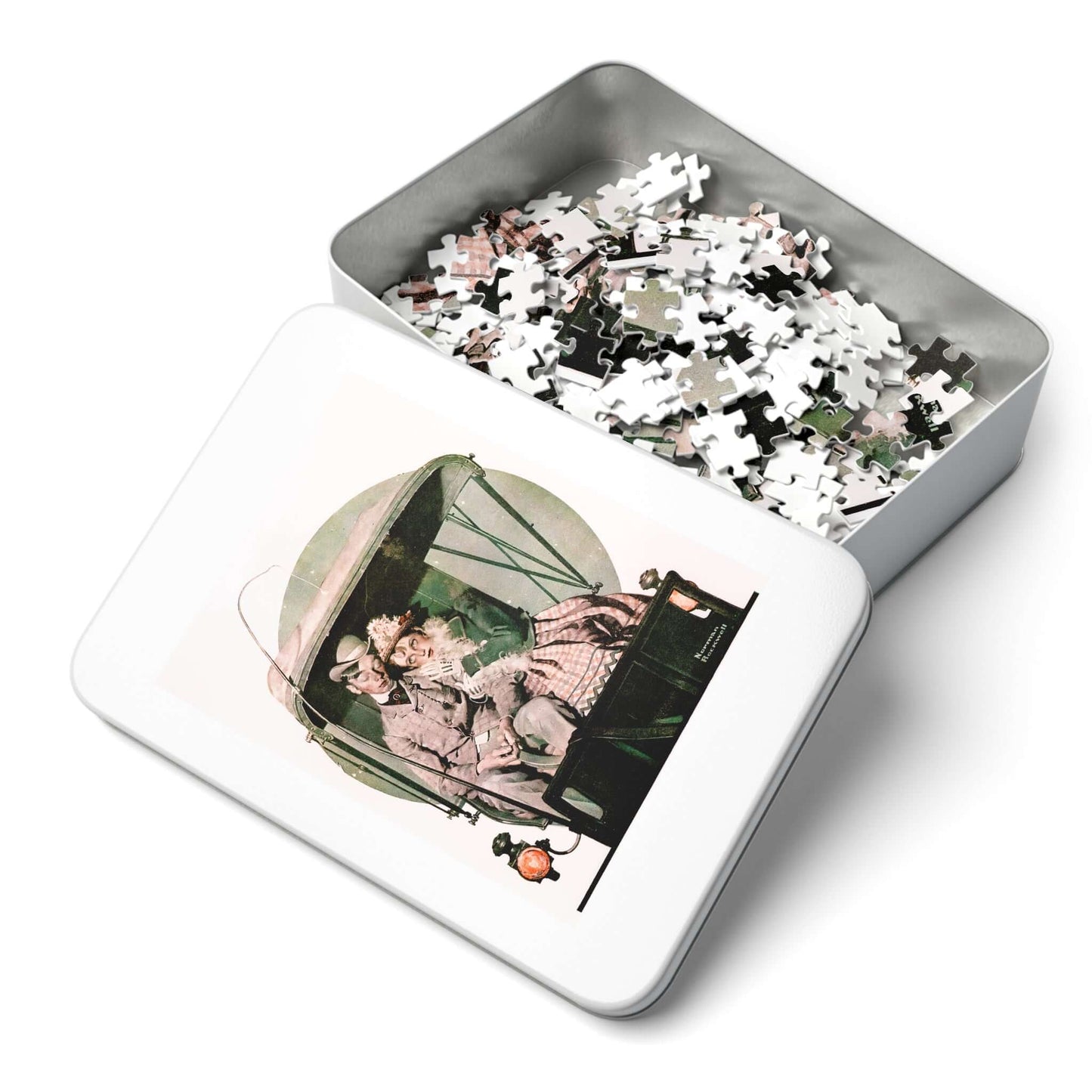 Jigsaw puzzle box featuring The Buggy Ride by Norman Rockwell, filled with puzzle pieces for a relaxing activity.