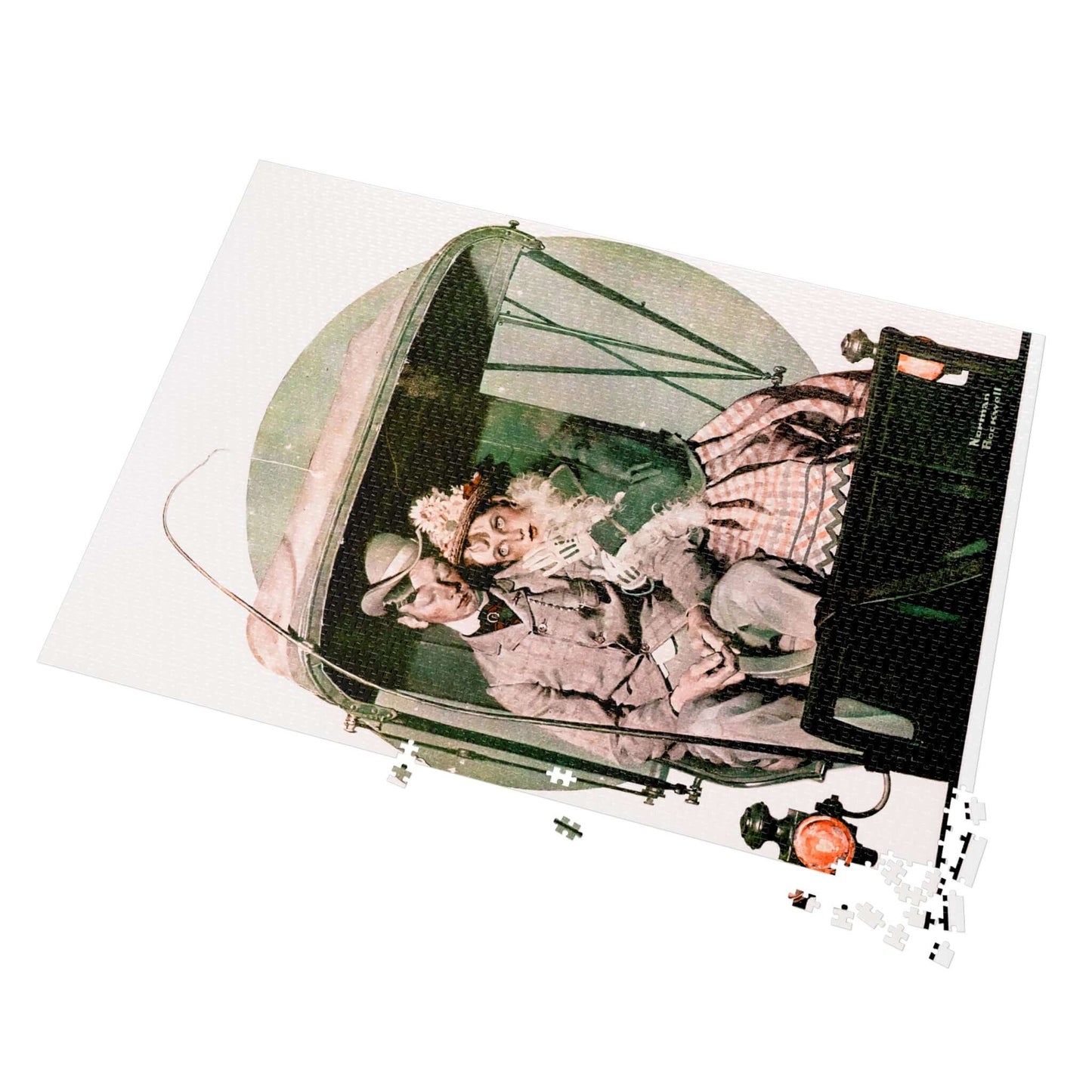 Jigsaw puzzle of Norman Rockwell's The Buggy Ride featuring a couple on a moonlit carriage journey.