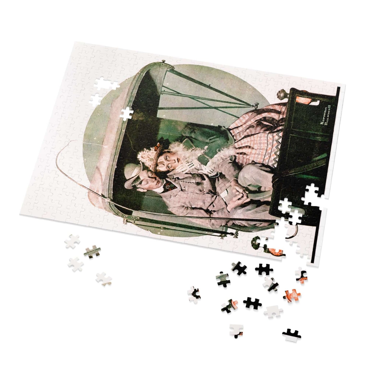 The Buggy Ride jigsaw puzzle featuring a moonlit carriage scene by Norman Rockwell with scattered puzzle pieces.
