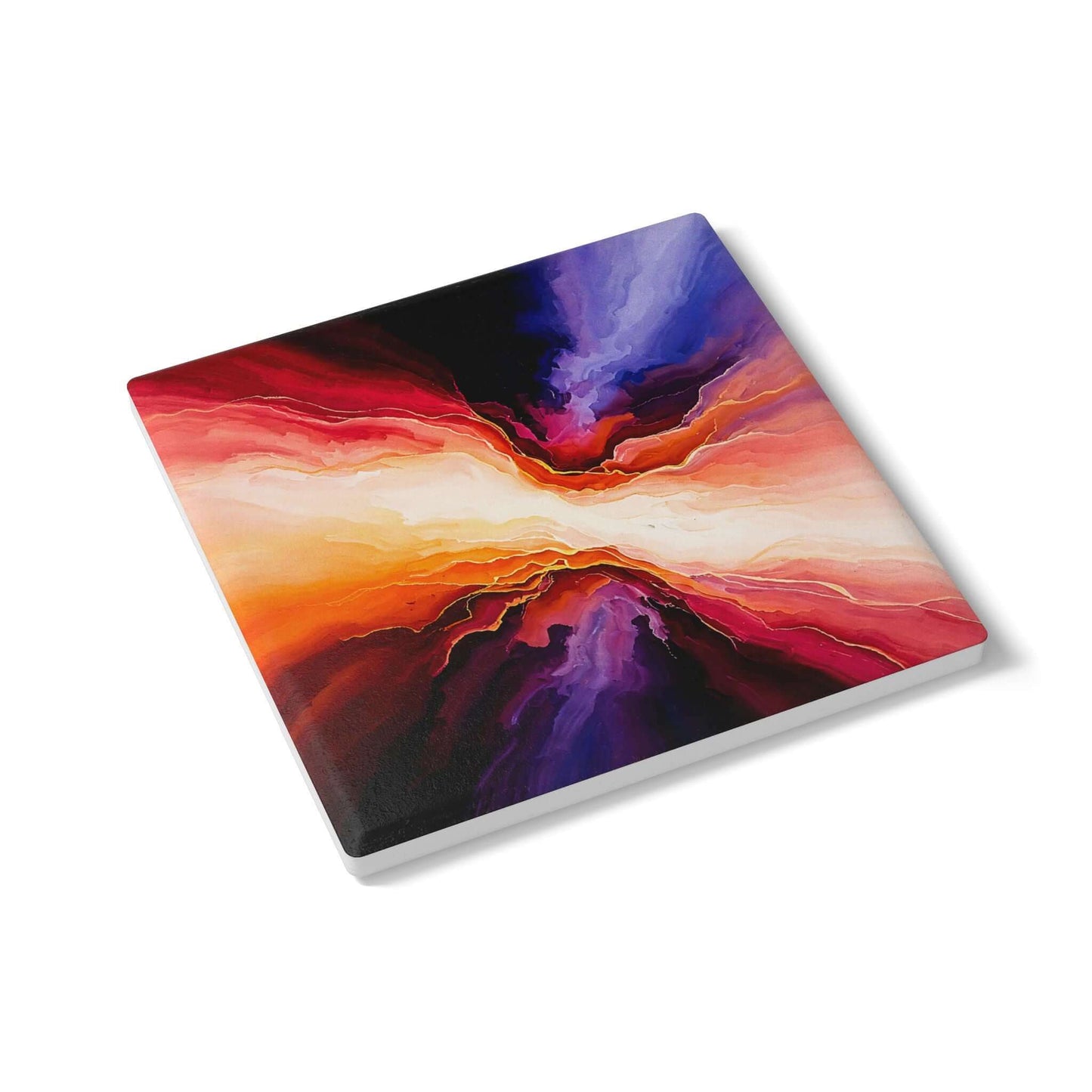 Ceramic coaster with abstract expressionism design in hues of gold, blue, and red; perfect gift for seniors.