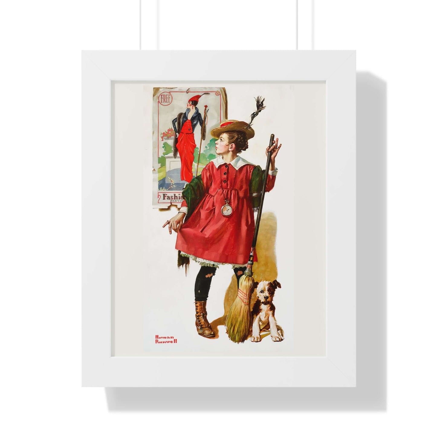 Norman Rockwell's 'The Little Model' wall art featuring a young girl in playful fashion with a puppy.