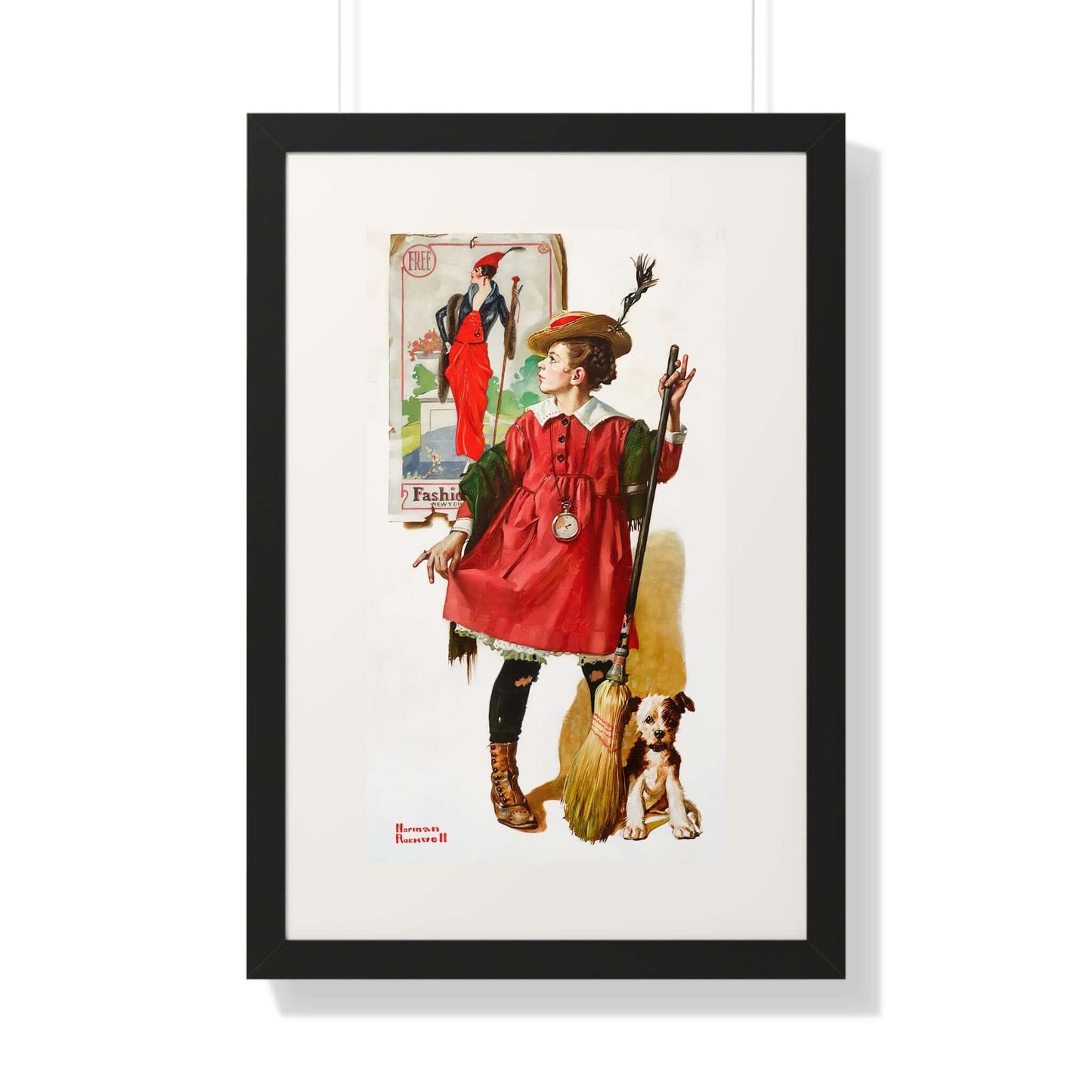 Norman Rockwell's 'The Little Model': Young girl in red dress imitating fashion, with a dog at her side.