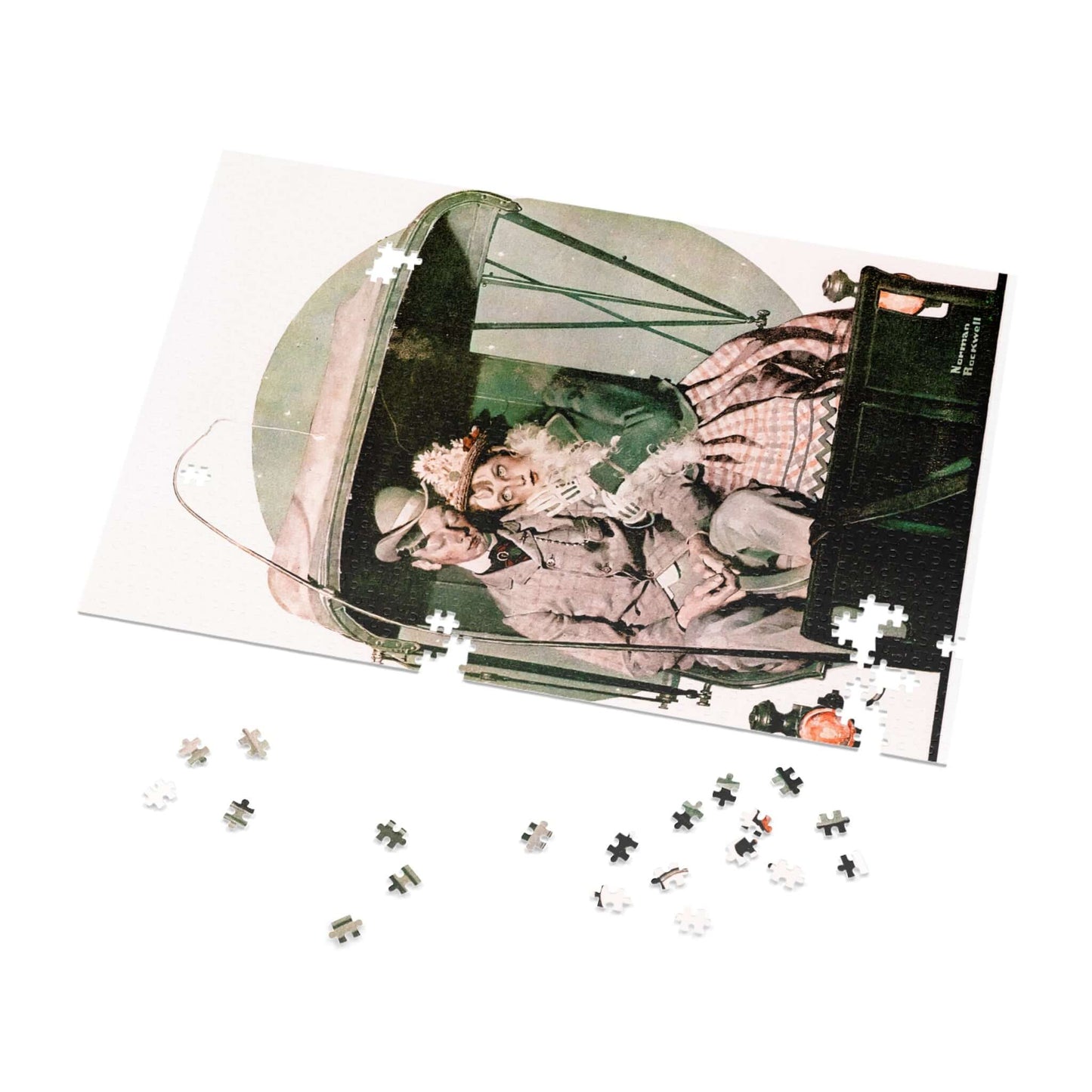 Jigsaw puzzle pieces of The Buggy Ride by Norman Rockwell, featuring a couple in a carriage.