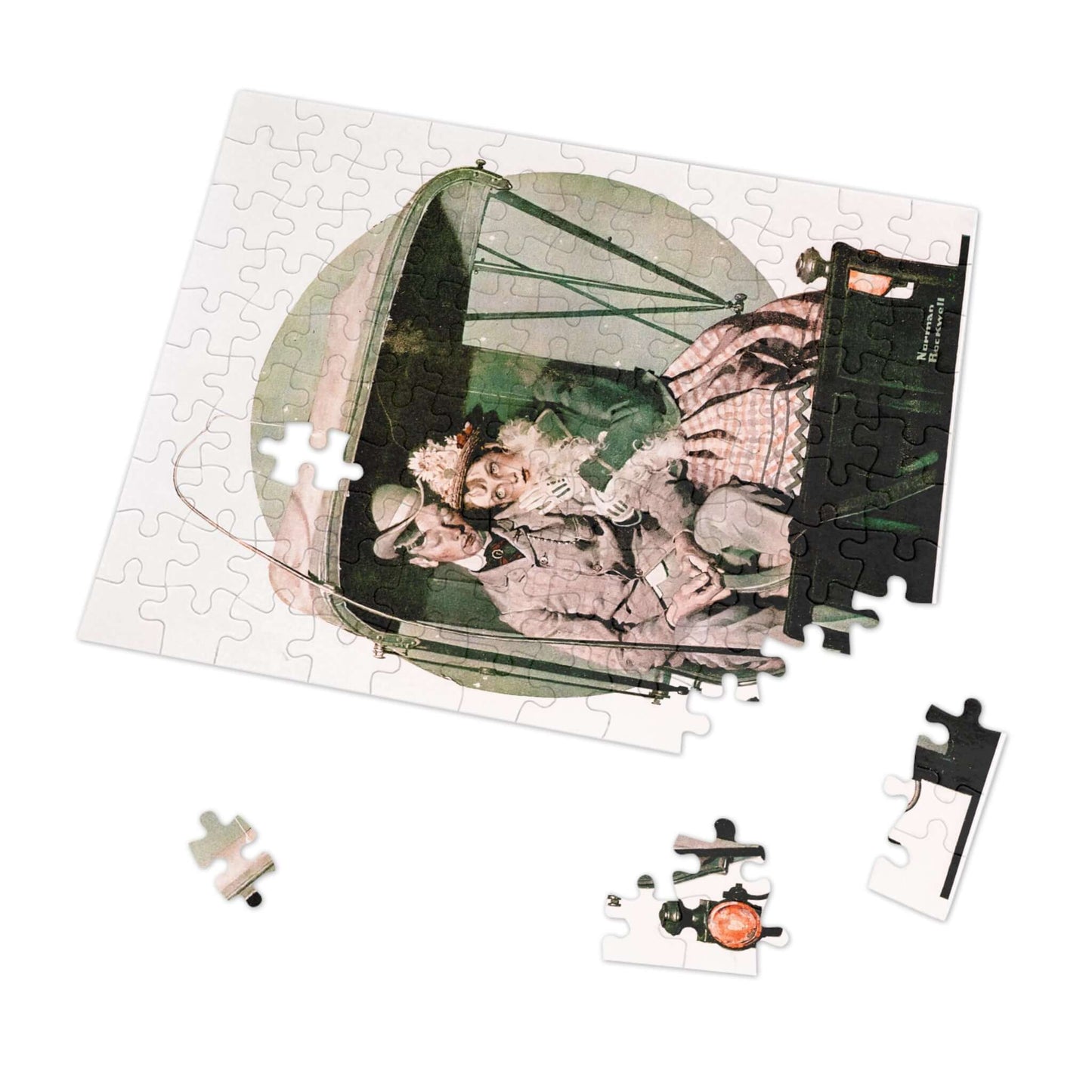 Jigsaw puzzle of The Buggy Ride by Norman Rockwell featuring a couple in a carriage during a moonlit journey.