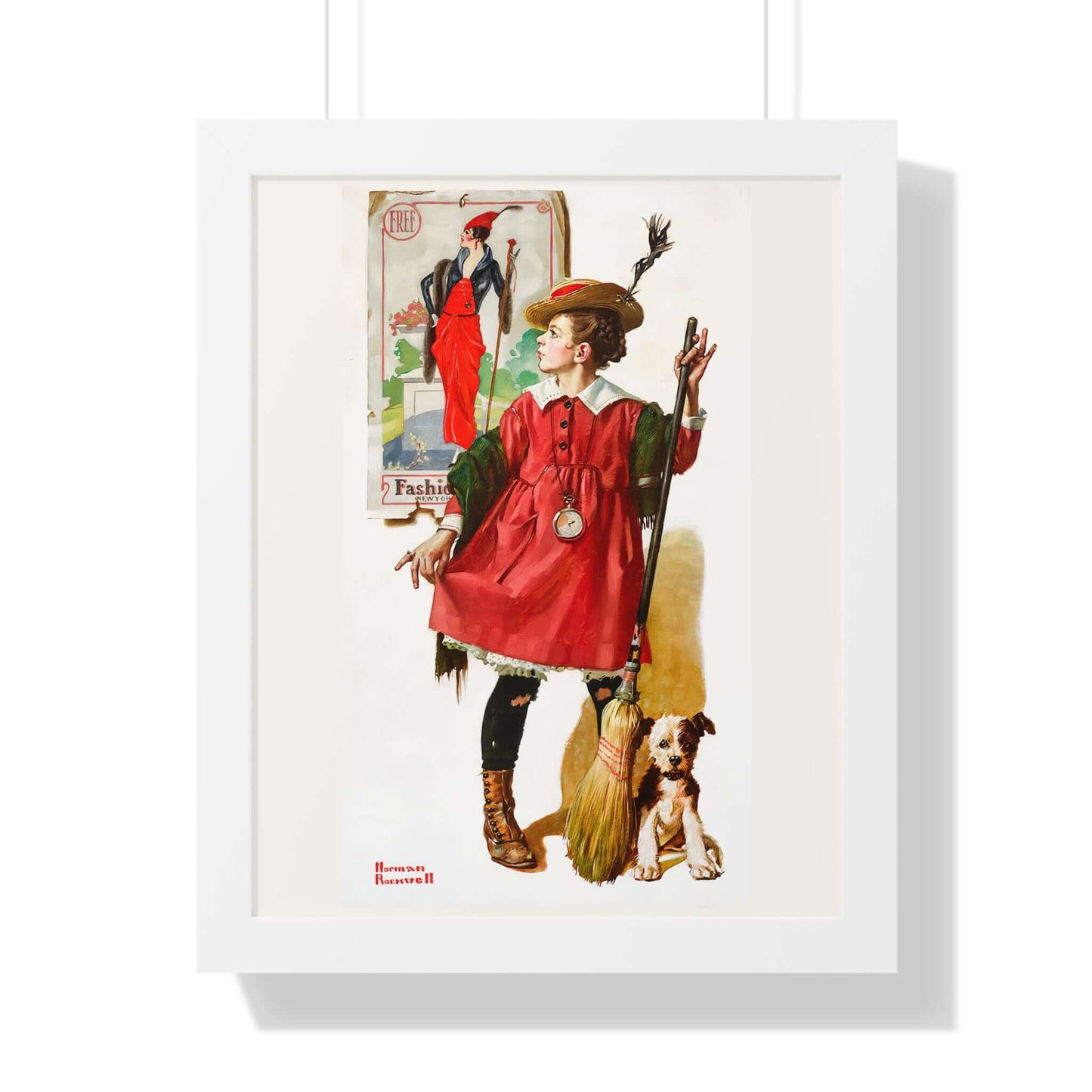 Norman Rockwell's The Little Model: a young girl in red dress with broom and dog, reflecting childhood creativity.