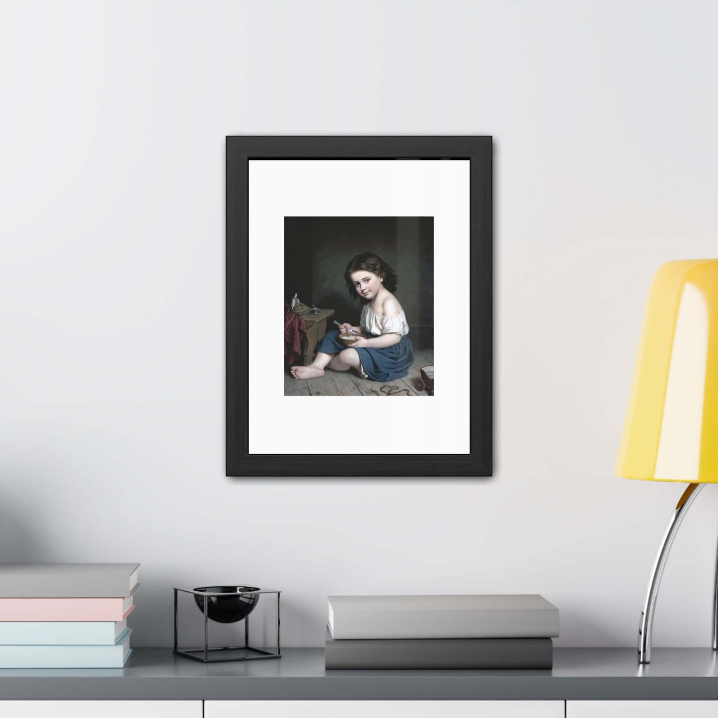 Frukosten wall art by Amalia Lindegren, depicting a child in a serene morning scene, enhancing cozy home decor.
