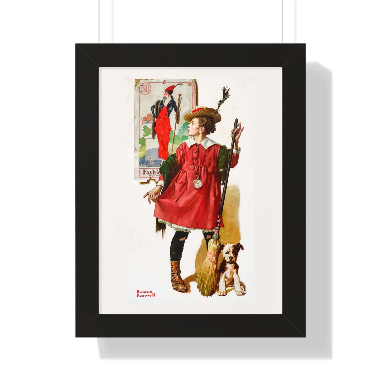 Norman Rockwell's The Little Model wall art of a girl in red dress mimicking a fashion model with her dog.