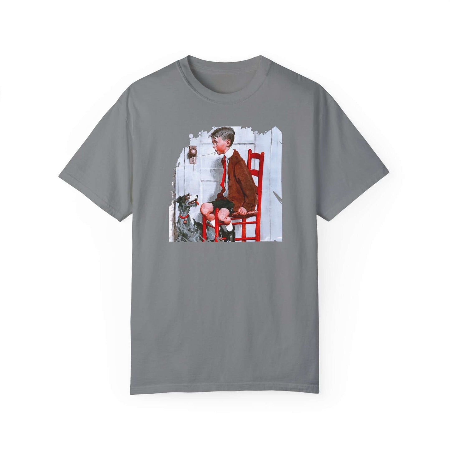 Vintage T-shirt featuring a 1925 illustration of a boy sitting on a red chair, celebrating childhood memories.