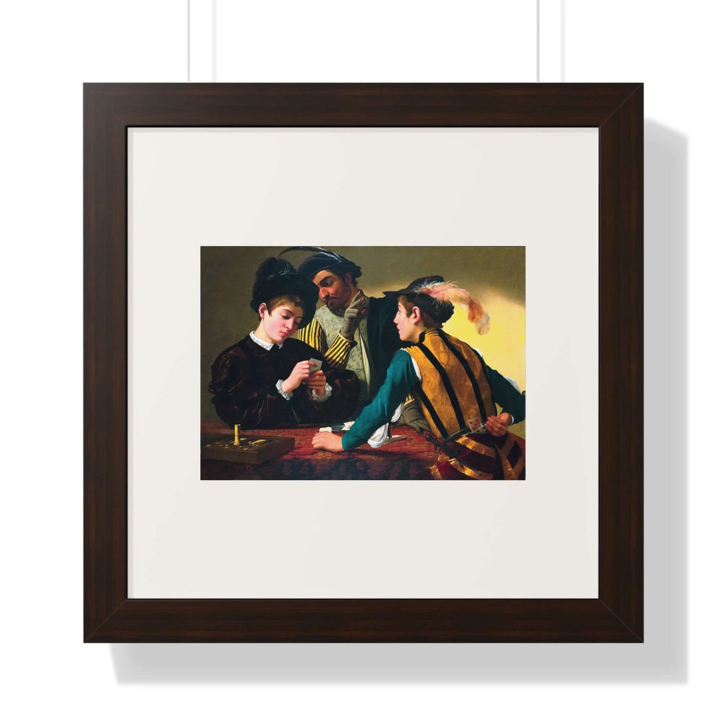 The Cardsharps by Caravaggio, a framed Renaissance art piece showcasing deception in a card game.