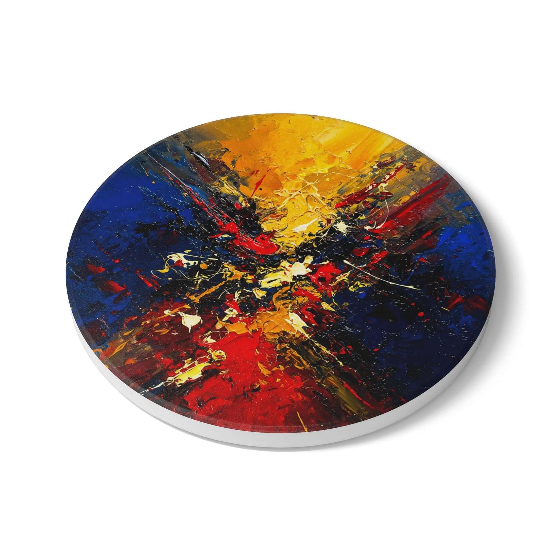 Ceramic coaster featuring vibrant abstract expressionism with blue, gold, and red colors—ideal gift for seniors.