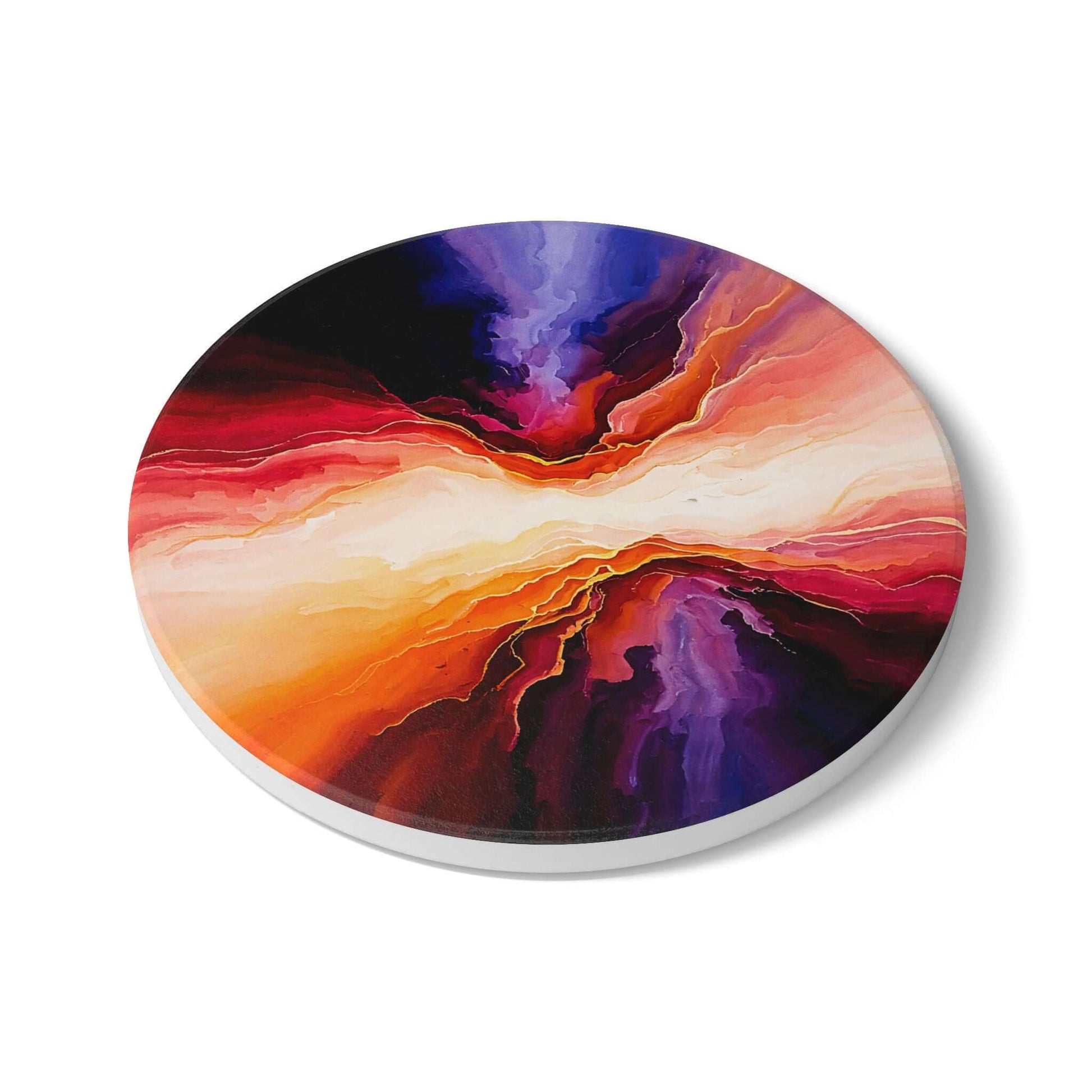 Ceramic coaster 'Dawn Split' showcasing abstract expressionism with vibrant gold, blue, and red hues, ideal gift for seniors.