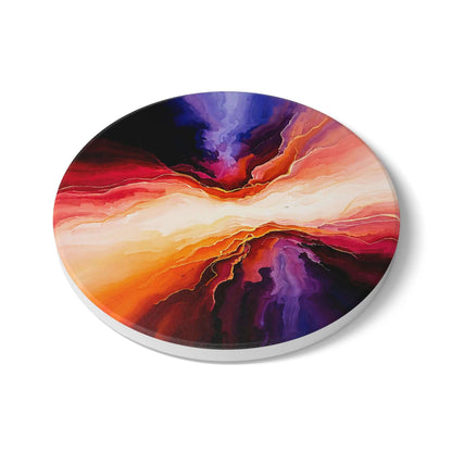 Ceramic coaster 'Dawn Split' showcasing abstract expressionism with vibrant gold, blue, and red hues, ideal gift for seniors.