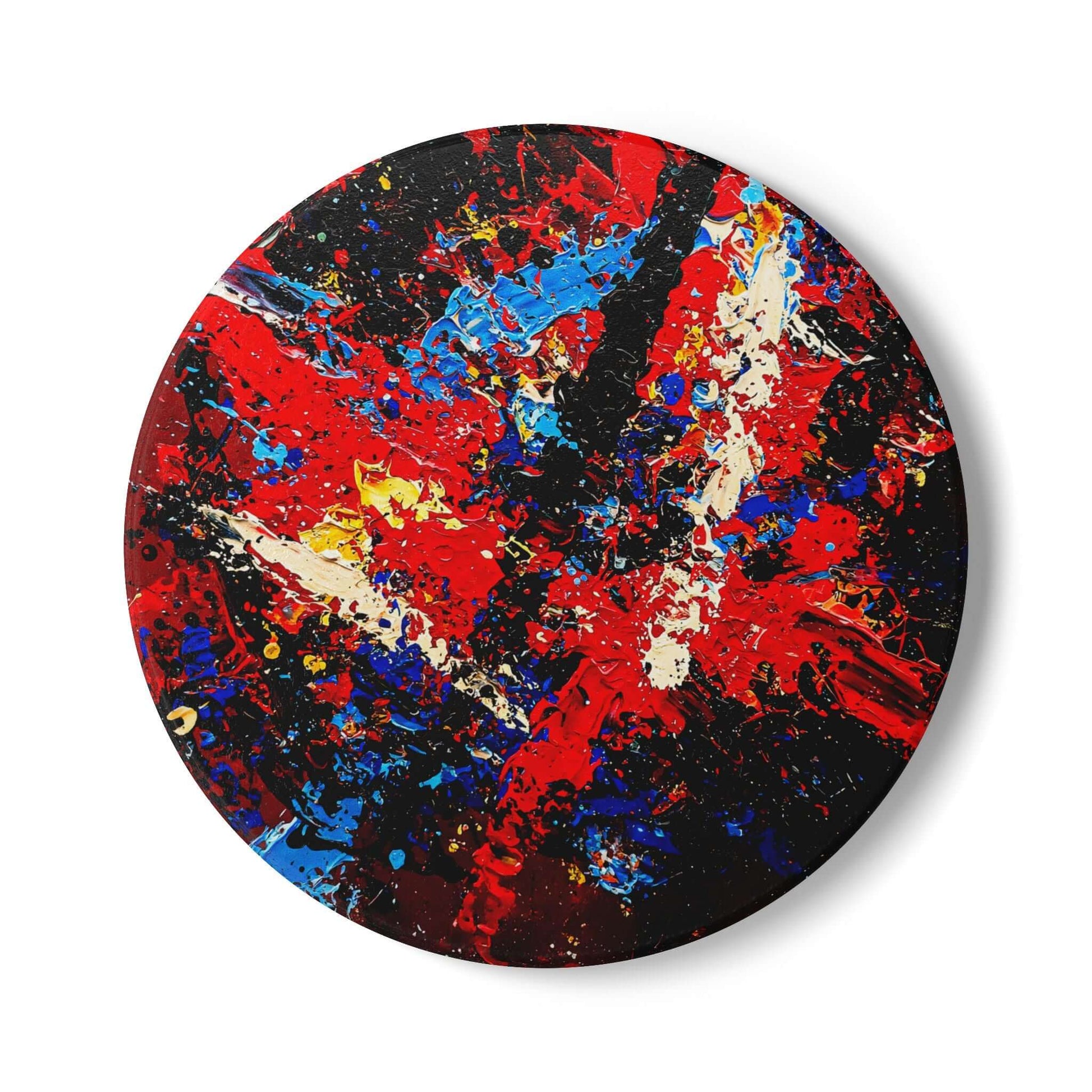 Ceramic coaster featuring abstract expressionism with bold colors, perfect gift for seniors.