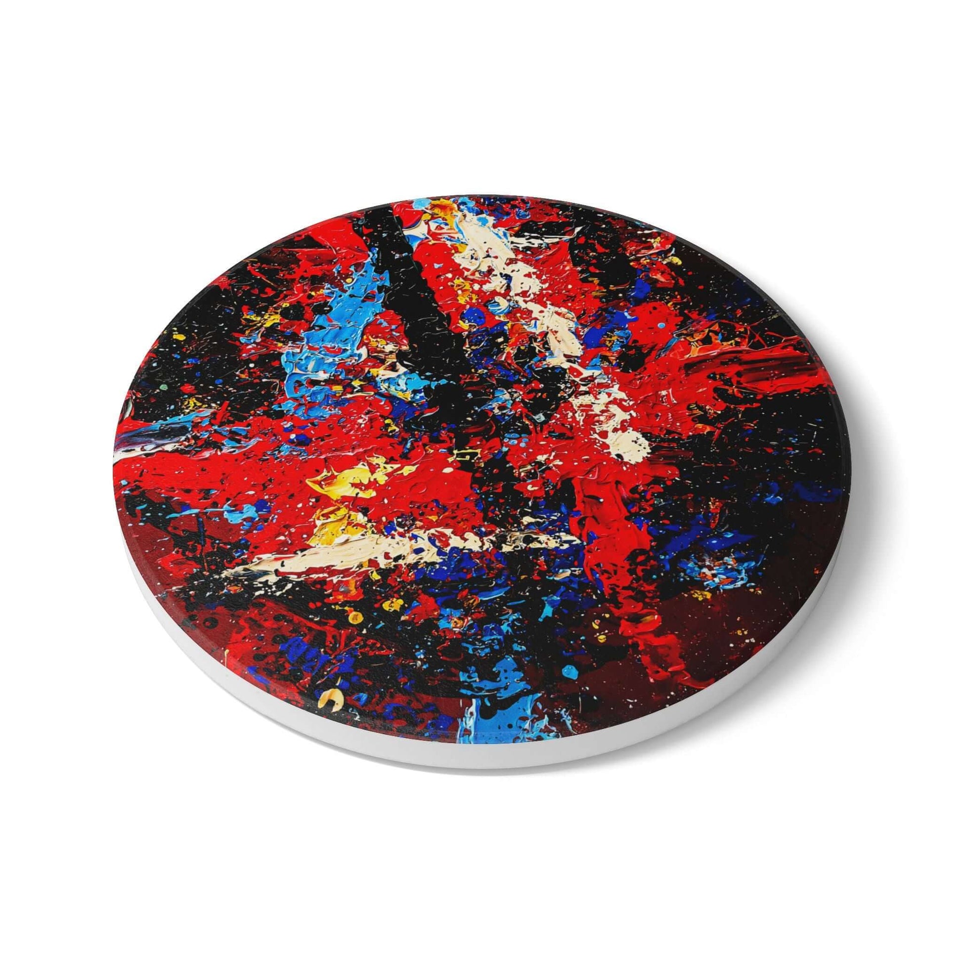 Ceramic coaster 'Reignite' featuring bold crimson, cobalt, and ivory abstract expressionist design, perfect gift for seniors.