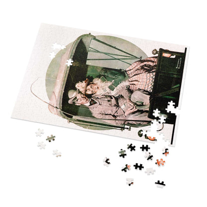 The Buggy Ride jigsaw puzzle featuring a moonlit carriage scene by Norman Rockwell with scattered puzzle pieces.