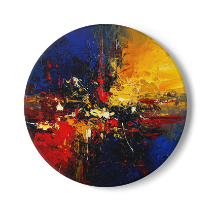 Ceramic coaster featuring abstract expressionism with swirls of blue, gold, and deep red, perfect gift for seniors.
