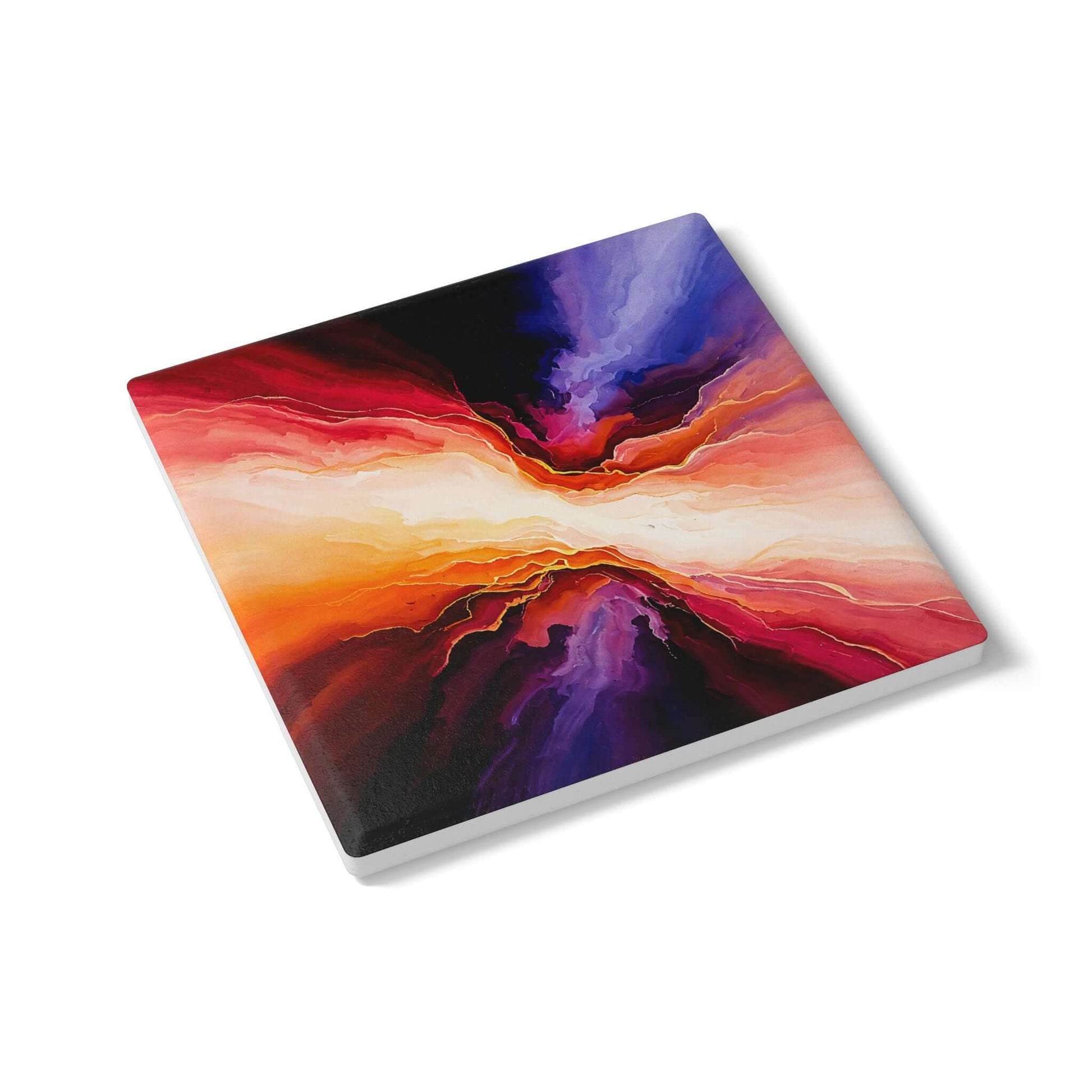 Ceramic coaster with abstract expressionism design in hues of gold, blue, and red; perfect gift for seniors.