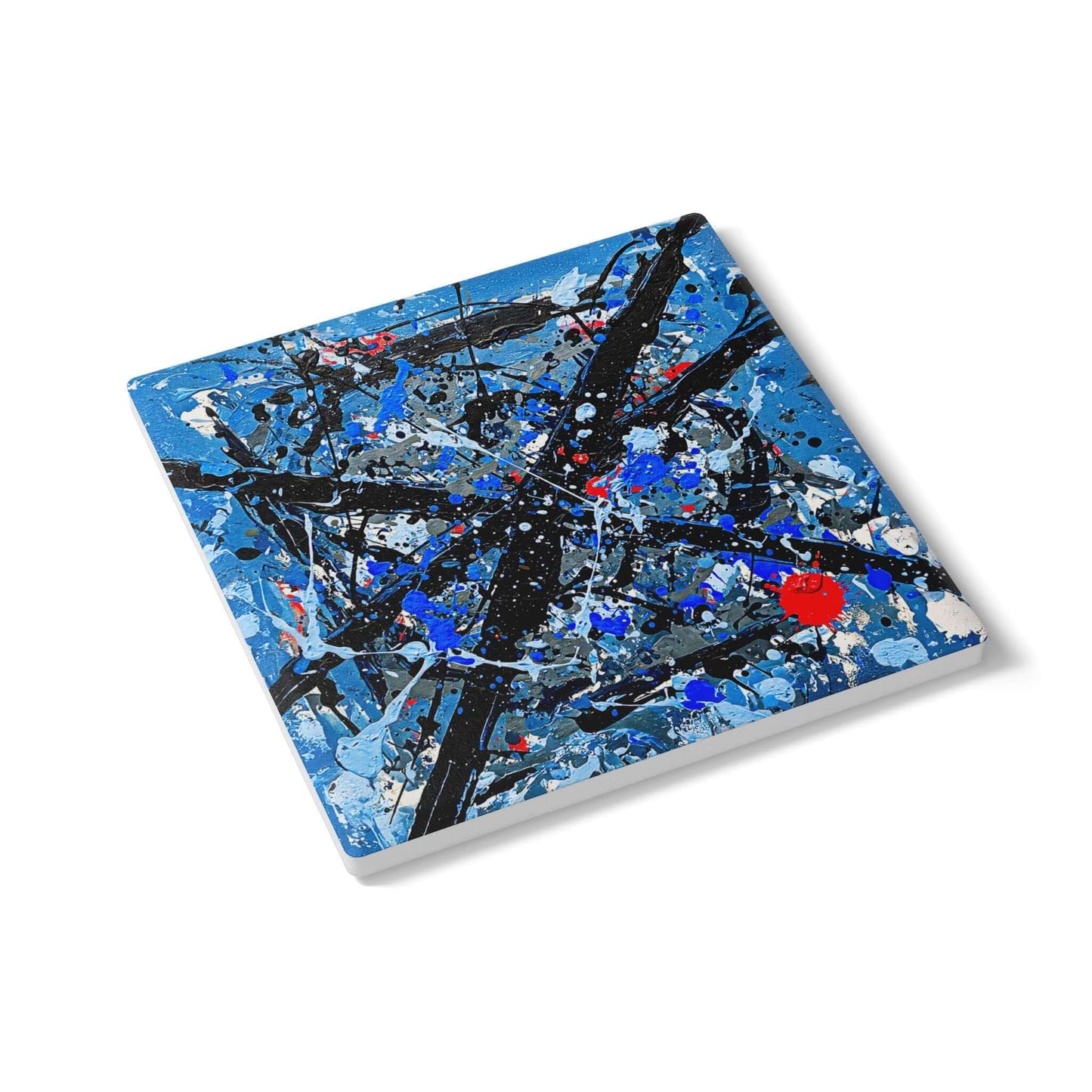 Ceramic coaster 'Shattered Sky' featuring deep blue, white, and red abstract design, perfect gift for seniors.