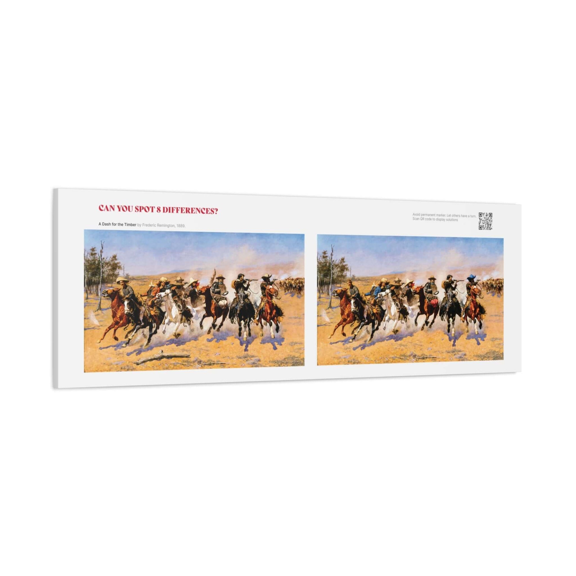 Spot the difference wall art featuring A Dash for the Timber by Frederic Remington, showing two similar Western scenes.