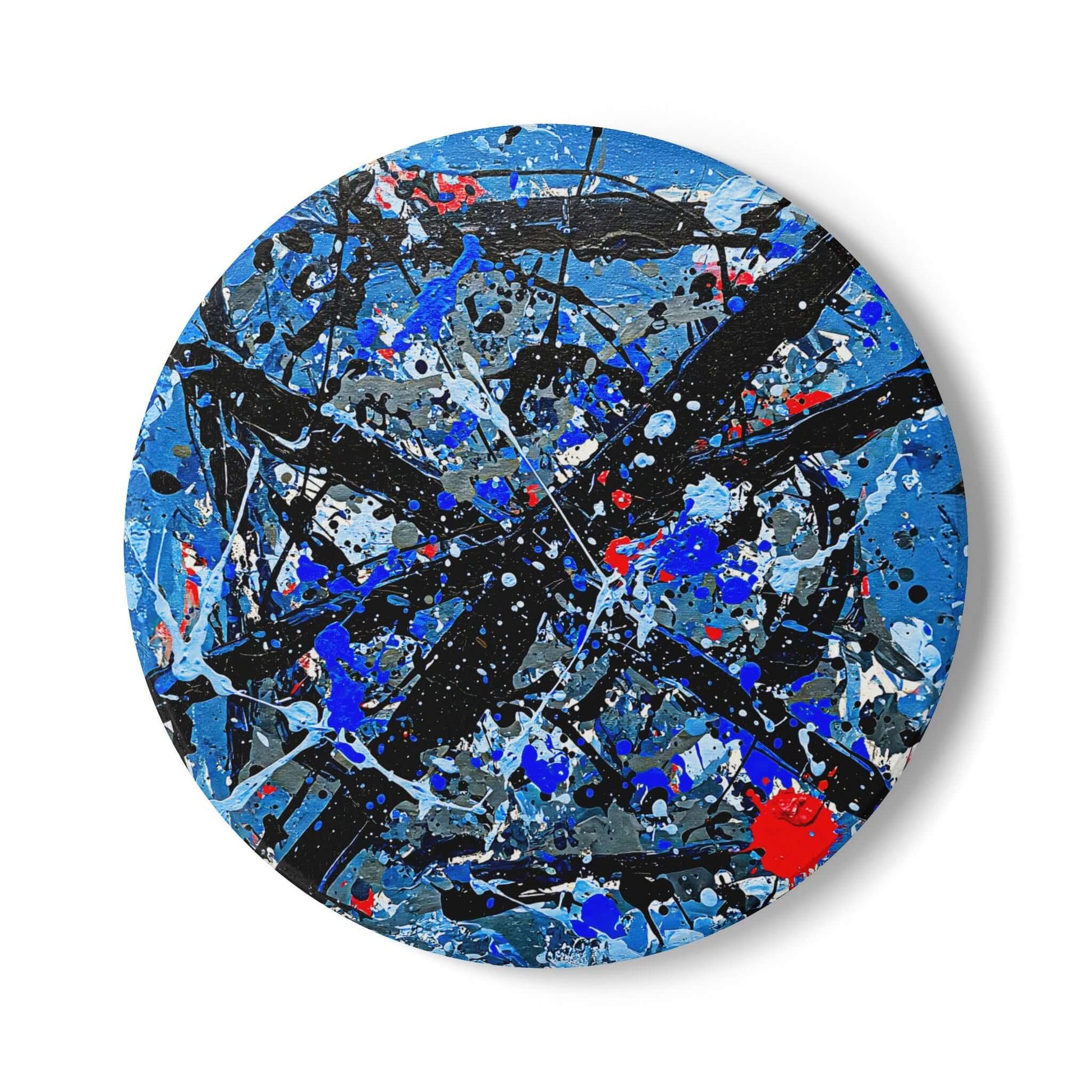 Ceramic coaster featuring abstract expressionism with deep blue, white, and red colors, ideal gift for seniors.