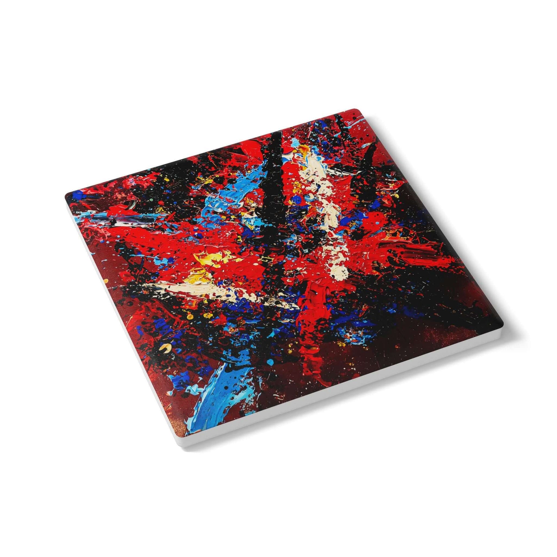 Ceramic coaster featuring bold abstract expressionist design in crimson, cobalt, and ivory, perfect gift for seniors.