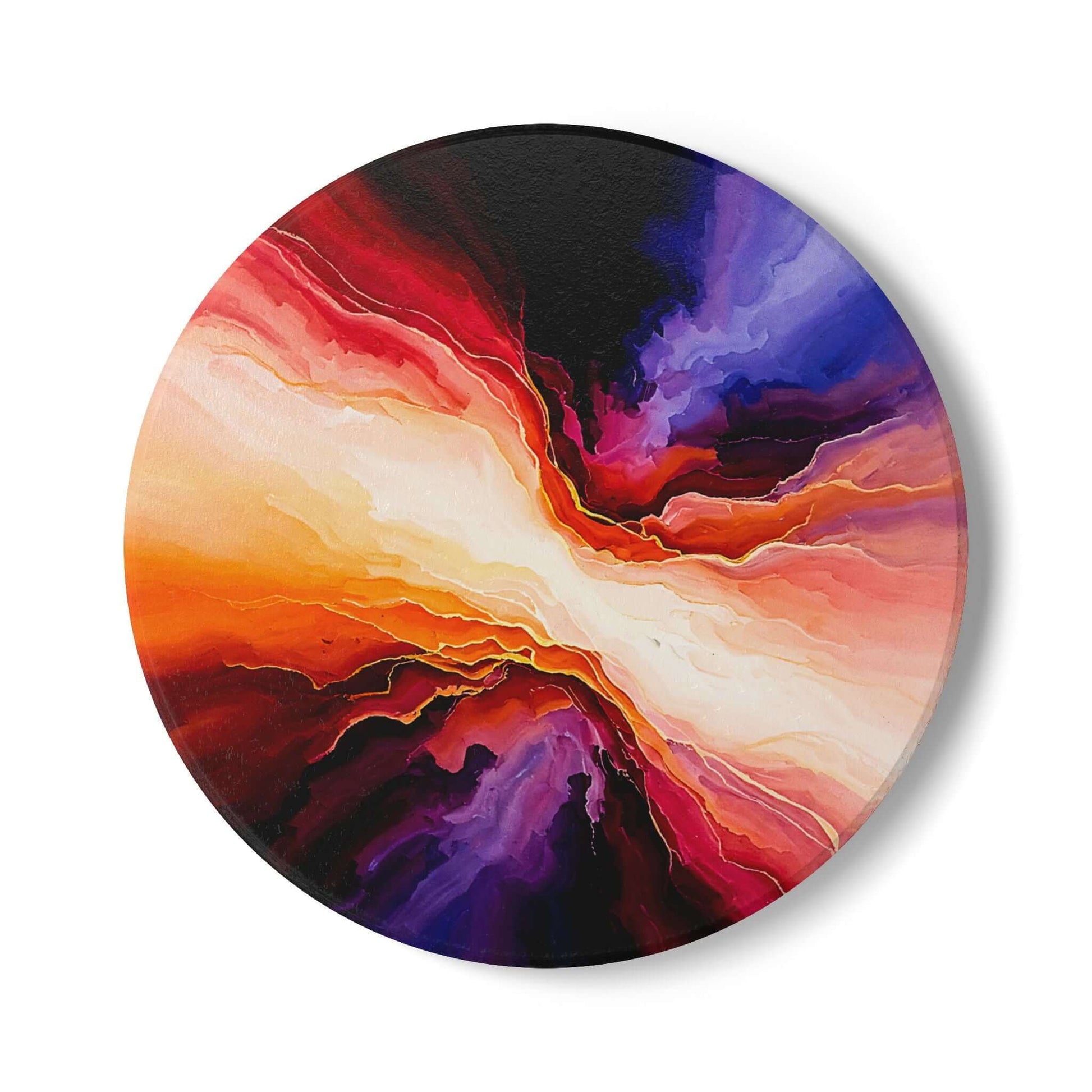 Ceramic coaster featuring abstract expressionism art in gold, blue, and red hues, perfect gift for seniors.