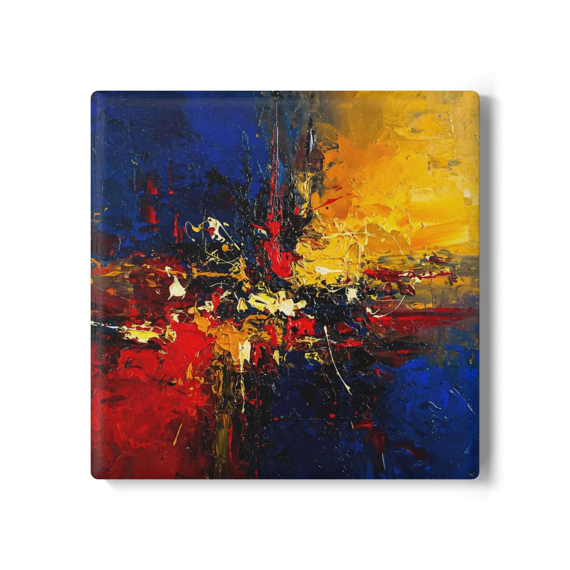 Ceramic coaster featuring abstract expressionism art with blue, gold, and red colors, perfect gift for seniors.