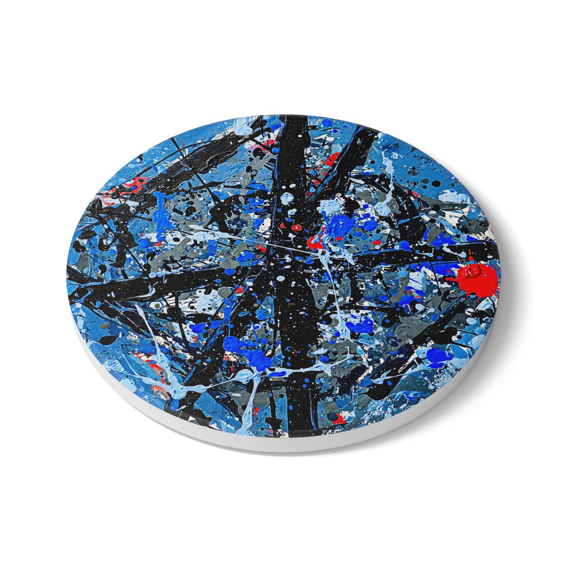 Ceramic coaster in abstract design featuring deep blue, white, and red colors, perfect gift for seniors.