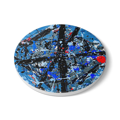 Ceramic coaster in abstract design featuring deep blue, white, and red colors, perfect gift for seniors.