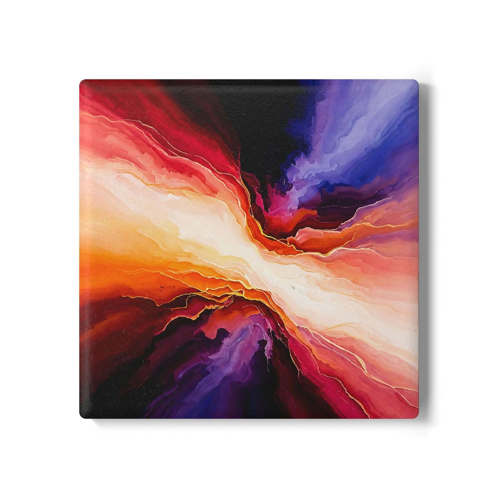 Ceramic coaster featuring abstract expressionism in hues of gold, blue, and red. Ideal gift for seniors.
