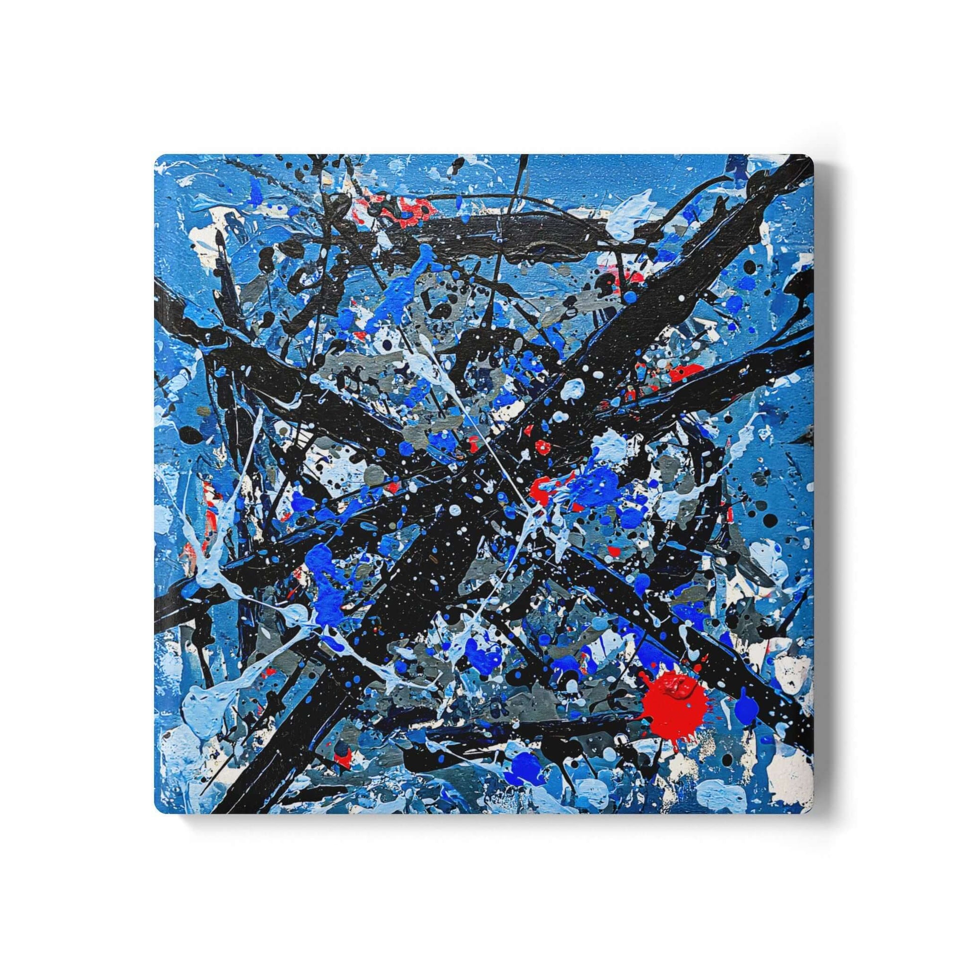 Ceramic coaster Shattered Sky with abstract expressionism art in deep blues, whites, and reds, ideal gift for seniors.