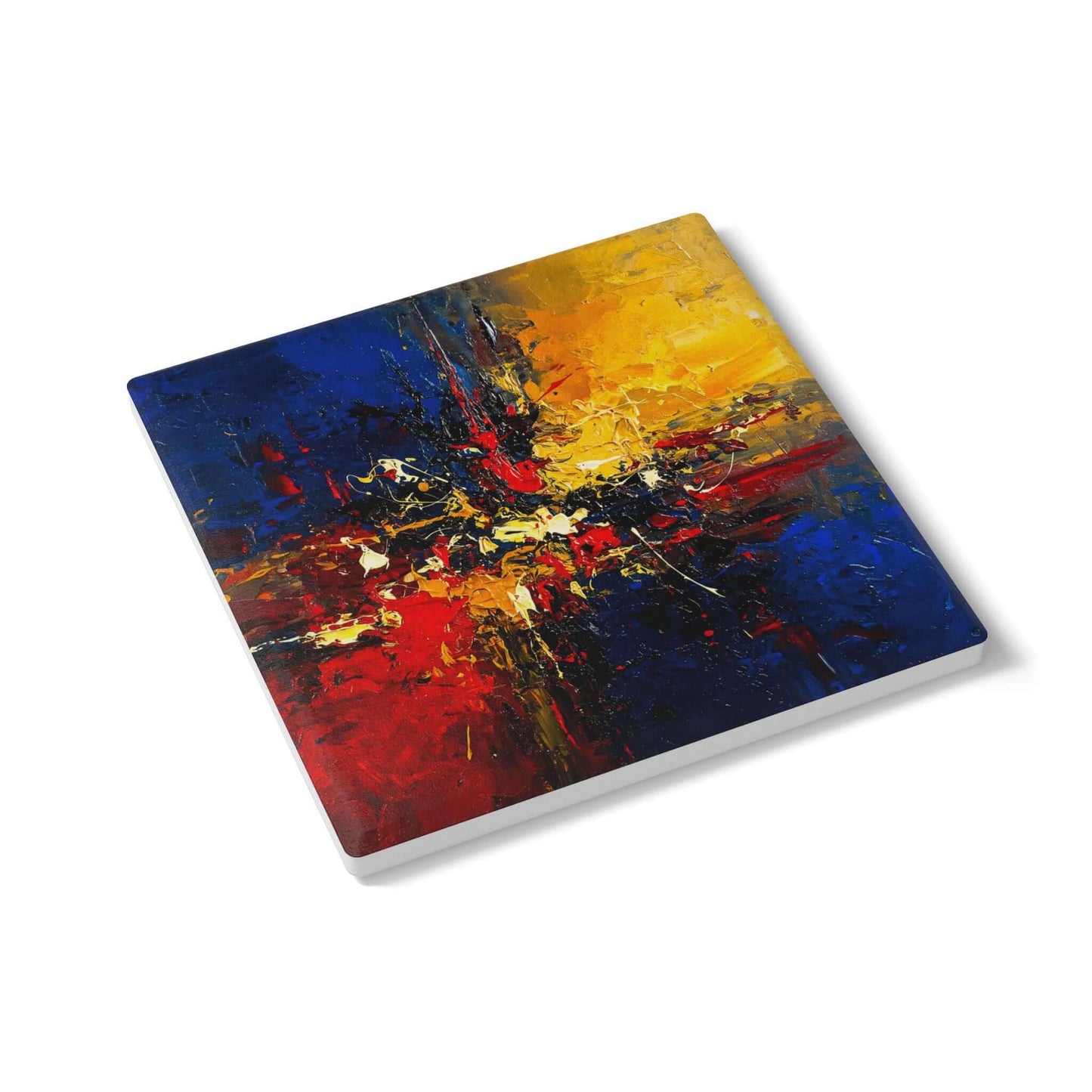 Ceramic coaster Star Divide in vibrant blue, gold, and red; a perfect gift for seniors symbolizing cosmic wonder.